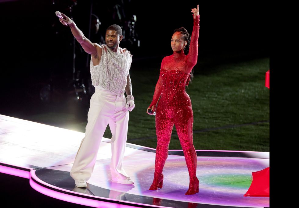 las vegas, nevada february 11 l r usher and alicia keys perform onstage during the apple music super bowl lviii halftime show at allegiant stadium on february 11, 2024 in las vegas, nevada photo by ethan millergetty images