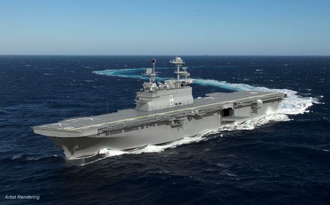 160628 o n0101 110washington june 28, 2016 an artist rendering of the future uss bougainville lha 8 huntington ingalls industries’ ingalls shipbuilding division is scheduled to begin construction in the fourth quarter of 2018, and delivery is expected in 2024 bougainville will retain the aviation capability of the america class design while adding a well deck capable of launching two landing craft air cushion hovercraft or one landing craft utility bougainville will have a larger flight deck configured for joint strike fighter and osprey v 22 aircraft us navy photo illustration courtesy of huntington ingalls industriesreleased