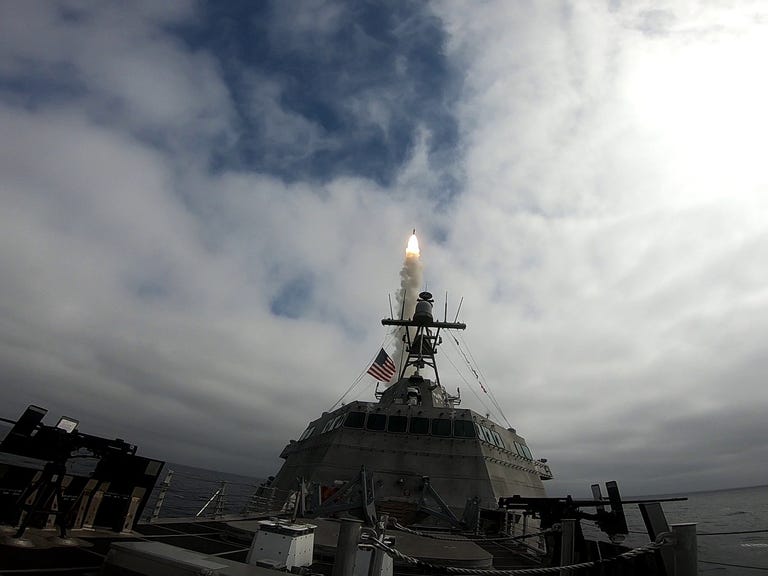 uss savannah lcs 28 conducts a live fire demonstration in the eastern pacific ocean utilizing a containerized launching system that fired an sm 6 missile from the ship at a designated target the exercise demonstrated the modularity and lethality of littoral combat ships and the ability to successfully integrate a containerized weapons system to engage a surface target the exercise will inform continued testing, evaluation and integration of containerized weapons systems on afloat platforms