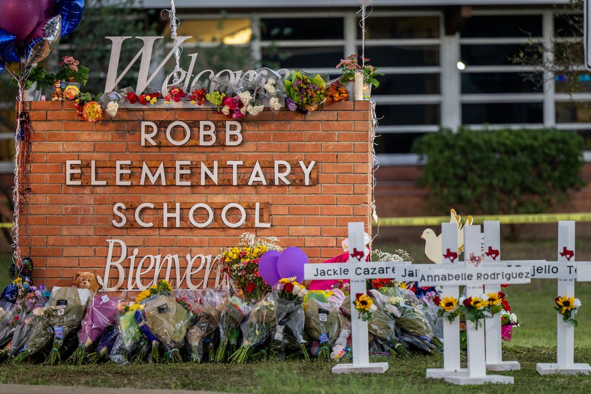 uvalde, texas   may 26 a memorial is seen surrounding the robb elementary school sign following the mass shooting at robb elementary school on may 26, 2022 in uvalde, texas according to reports, 19 students and 2 adults were killed, with the gunman fatally shot by law enforcement photo by brandon bellgetty images