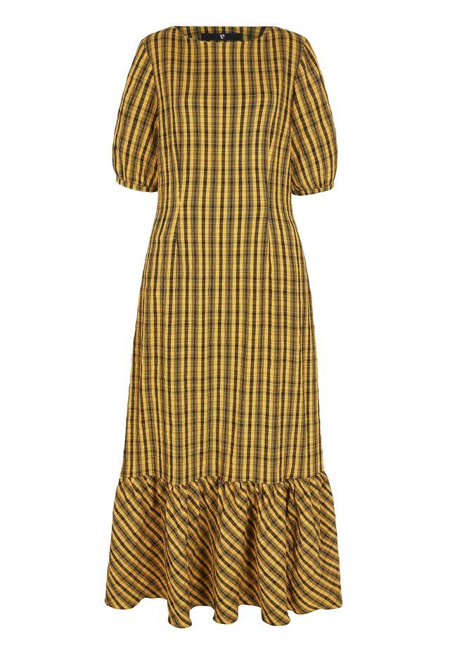 Clothing, Day dress, Dress, Yellow, Sleeve, Brown, Beige, Pattern, Textile, Pattern, 