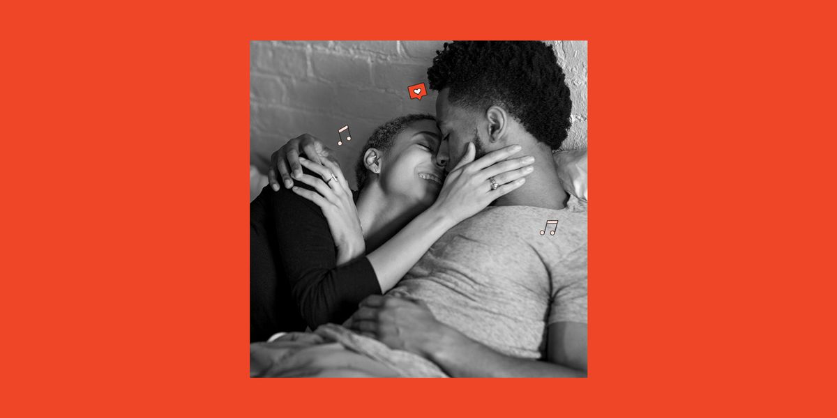 couple kissing in bed in black and white on a red background with heart and music emojis floating around them