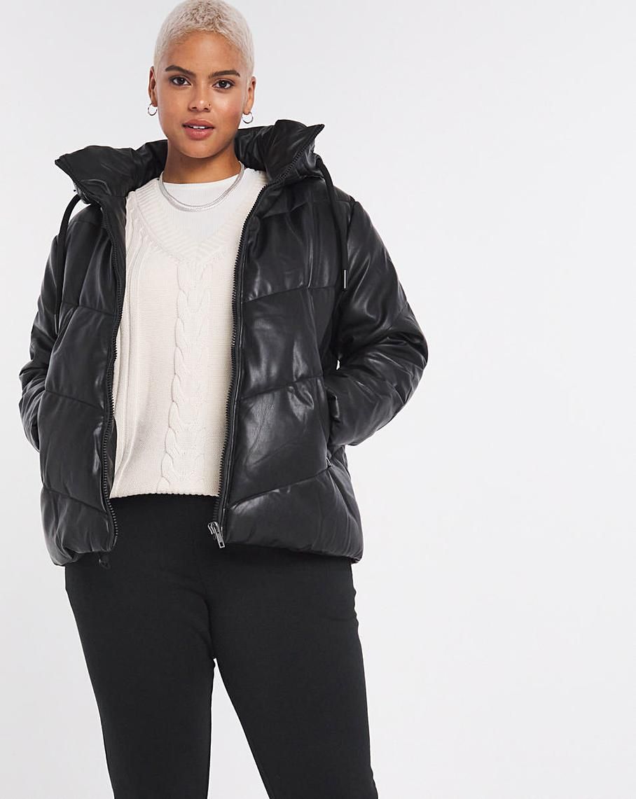simple be black leather look puffer coat