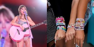 taylor swift performing on stage and a photo of concert attendees wearing friendship bracelets