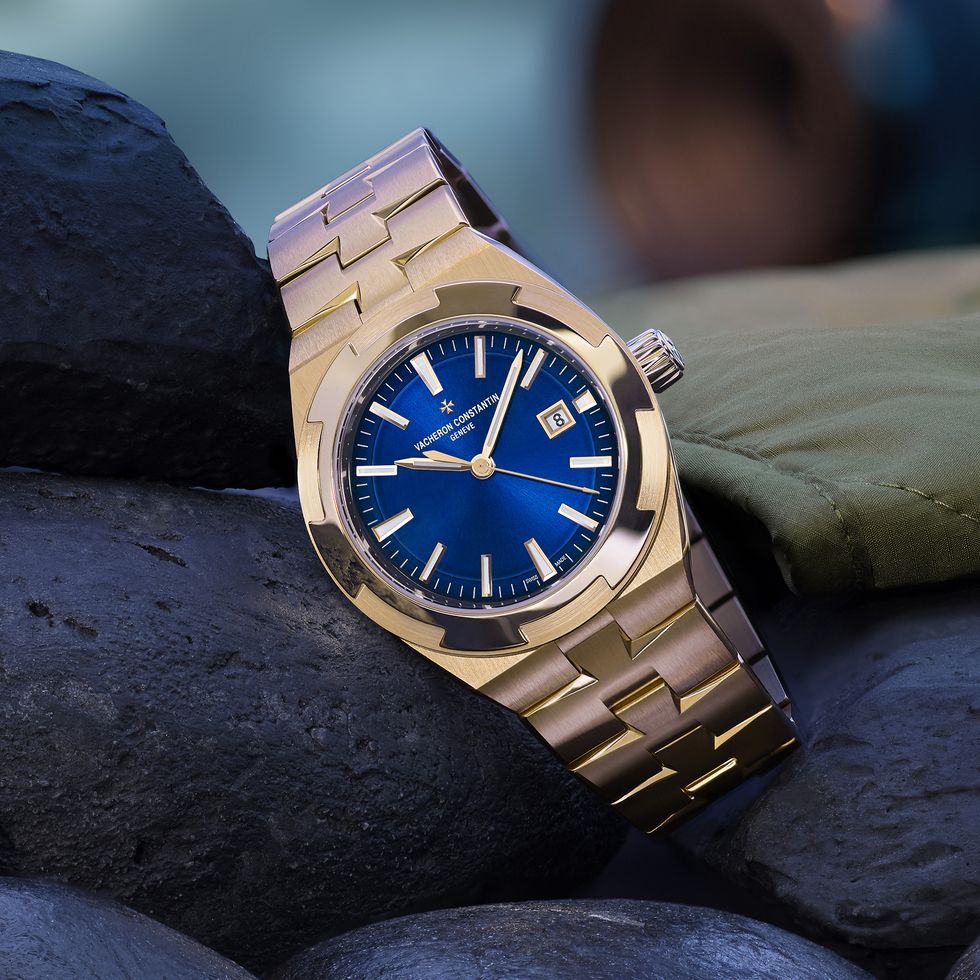 the overseas self winding in pink gold with a blue dial