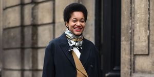 paris, france   february 29 tamu mcpherson is seen wearing a blue jacket, brown jacket, scarf, animal print pants and baby blue shoes outside the altuzarra show during paris fashion week aw20 on february 29, 2020 in paris, france photo by daniel zuchnikgetty images
