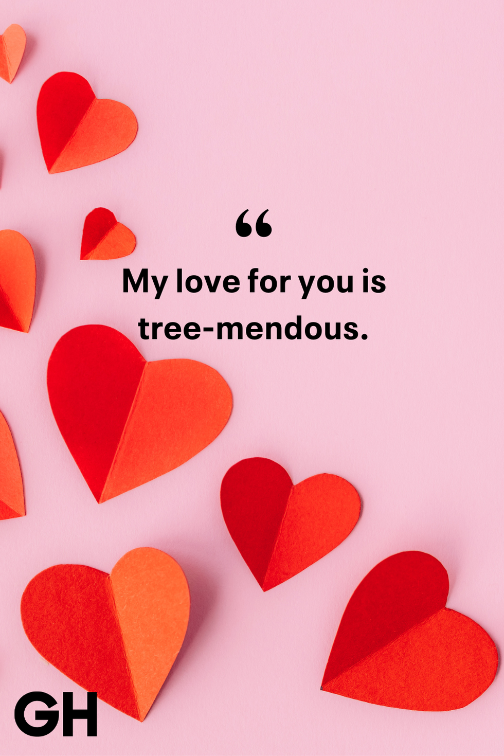 colorful paper hearts arranged on a pink background with a text quote