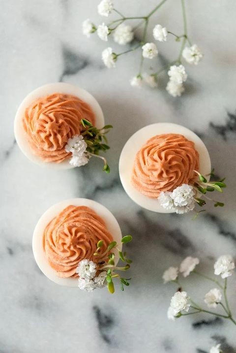 pink deviled eggs with flowers