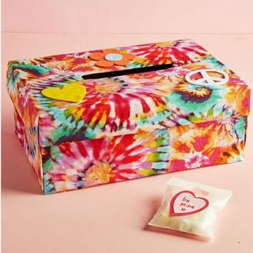 diy valentine's day box ideas including horse and tie dye themed box with flower, heart and peace sign decals