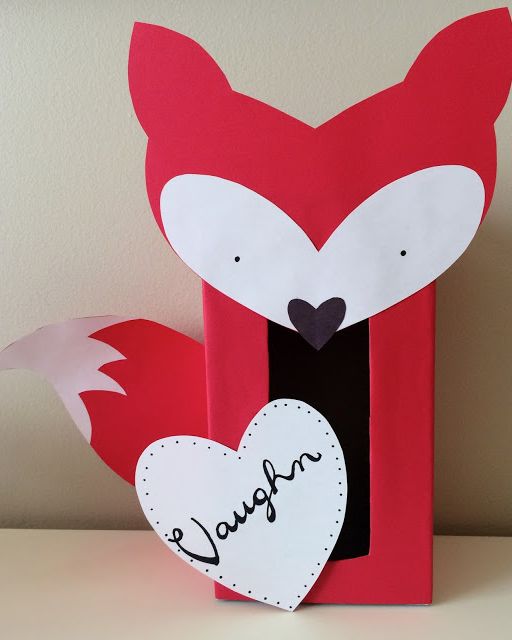 valentine's day box decorated like red fox with paper cutouts for face, tail, and a heart labeled with the name vaughn
