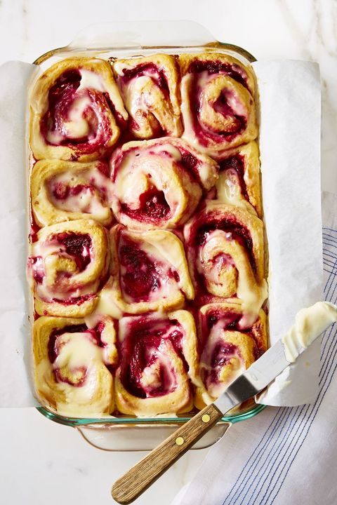 raspberry rolls in a baking dish