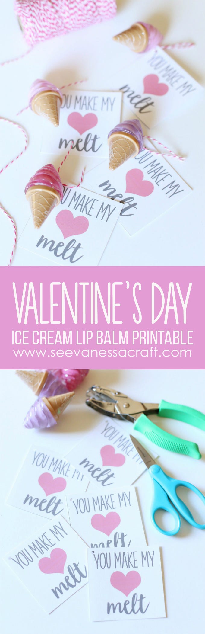diy valentine cards, ice cream lip balms attached to notes