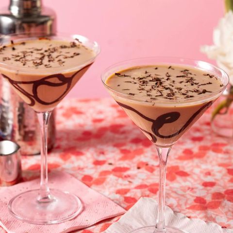 chocolate martini in martini glasses with pink background