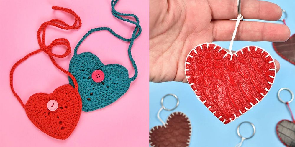 valentines day crafts, crochet heart pouches, red heart keychain