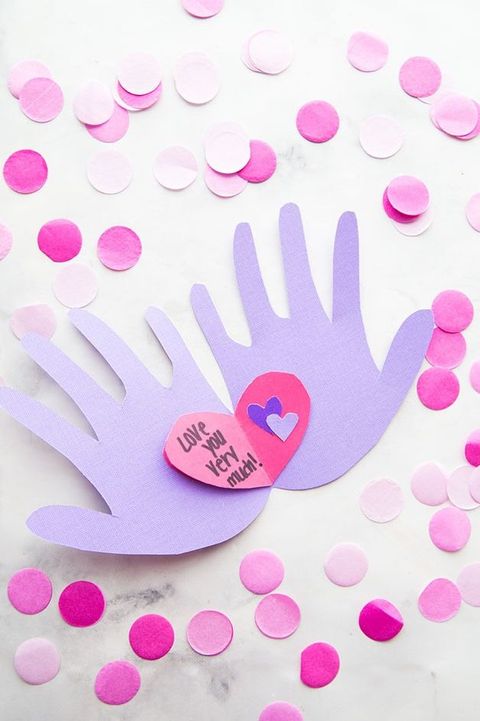 valentines day crafts, purple handprint card with a heart note