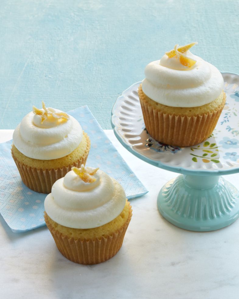 double lemon cupcakes with mini cake stand and blue napkin