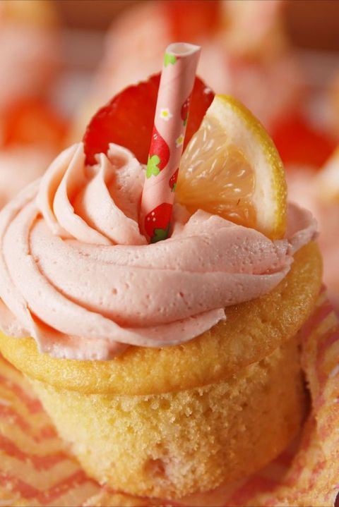 pink lemonade cupcake with pink frosting on top
