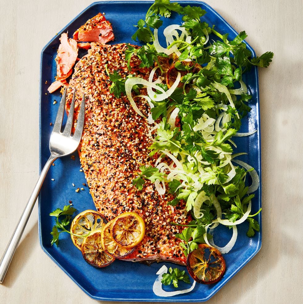 salmon with everything seasoning crust and side salad