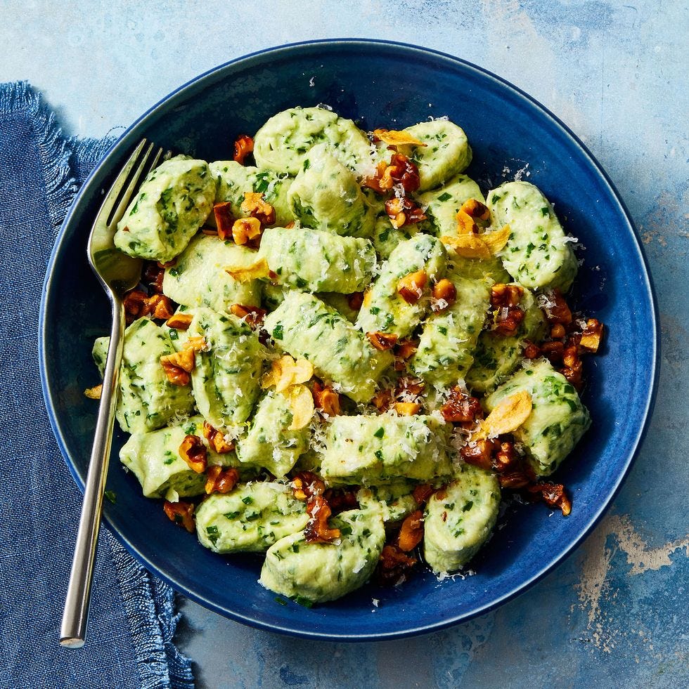 green ricotta gnocchi with toasted garlic walnuts