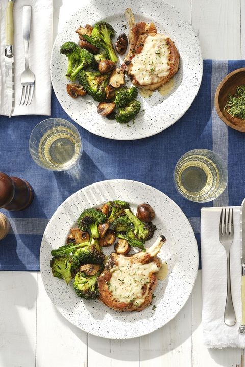 smothered pork chops with broccoli and mushrooms