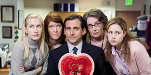 pictured left to right angela kinsey as angela martin, kate flannery as meredith palmer, steve carell as michael scott, phyllis smith as phyllis lapin, and jenna fischer as pam beesly