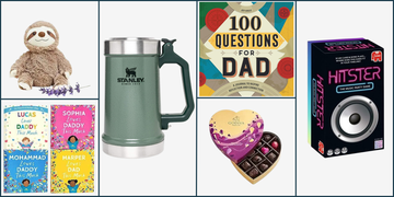 a collection of gifts suitable for fathers day including books a journal a drink container chocolates and a party game