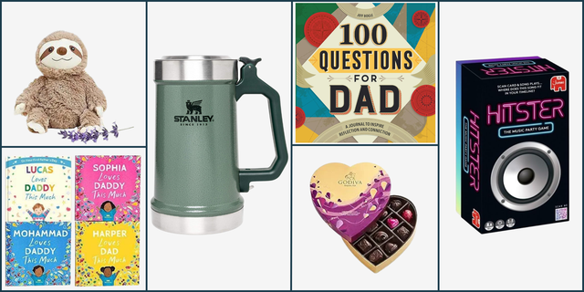 a collection of gifts suitable for fathers day including books a journal a drink container chocolates and a party game