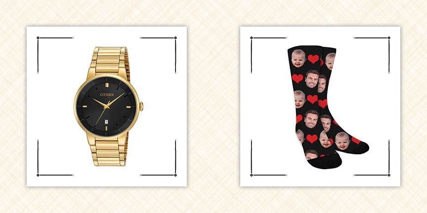 gold watch and black socks with baby and mans face on them