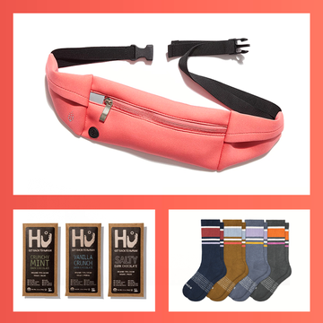 silicone ring, belt bag, earbuds, insulated tumbler, socks, chocolate bars, massage gun