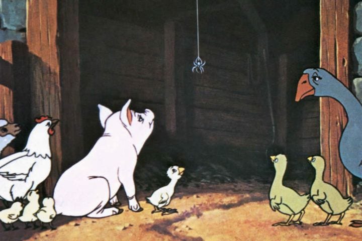 wilbur and other animals watch charlotte on her web in a scene from charlotte's web, a good housekeeping pick for best kids movies 2023