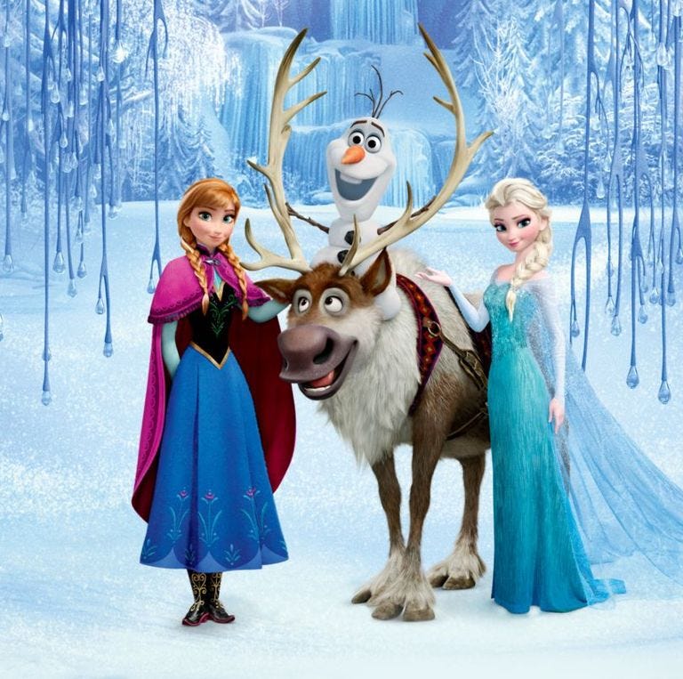 anna, elsa, olaf and sven stand in the snow in a promotional image for frozen, a good housekeeping pick for best valentine's day movies for kids