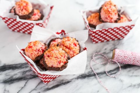 chocolate dipped cherry macaroons in red box