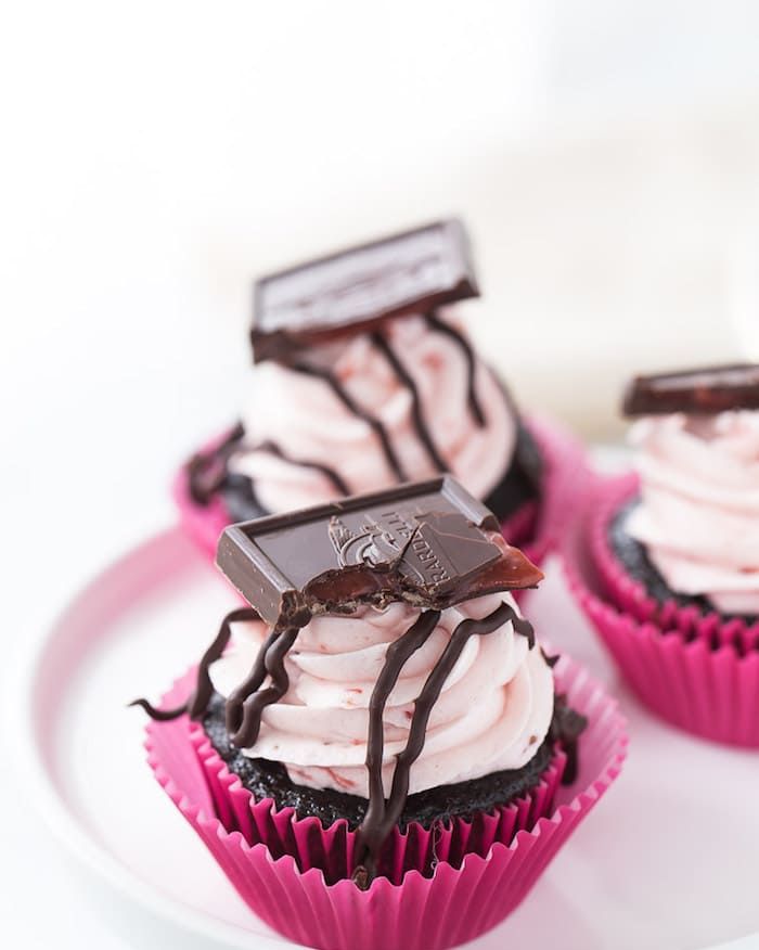 chocolate strawberry cupcakes in pink liners