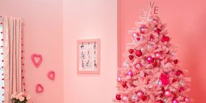 Christmas tree, Christmas decoration, Pink, Decoration, Room, Tree, Product, Interior design, Christmas ornament, Wall, 