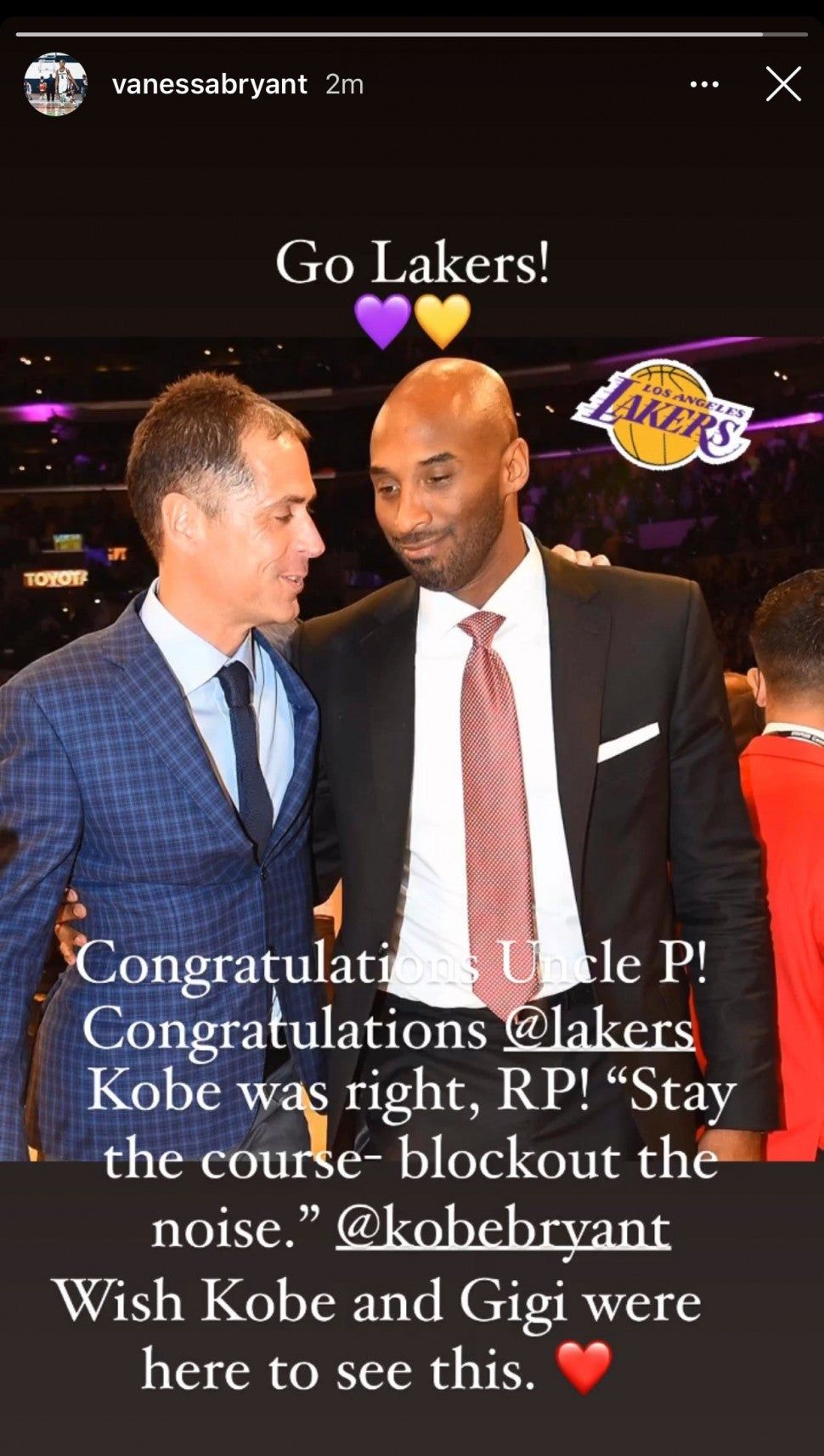 vanessa bryant's instagram congratulating the lakers on their nba win