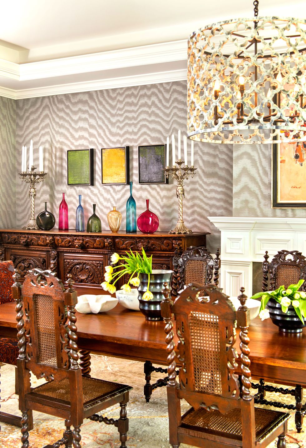 dining room with wood table and chairs and wavy wallpaper