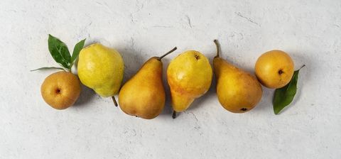 variety of pears bosc, bartlett, and asian pears on white background