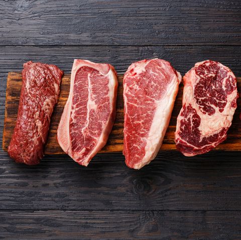 variety of raw black angus prime meat steaks