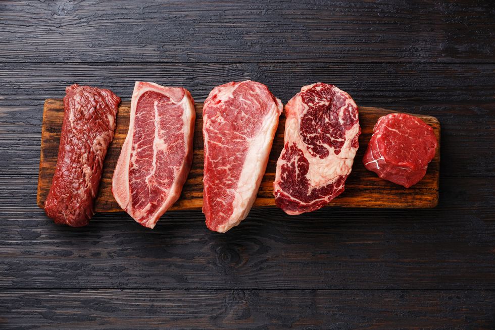Variety of Raw Black Angus Prime meat steaks