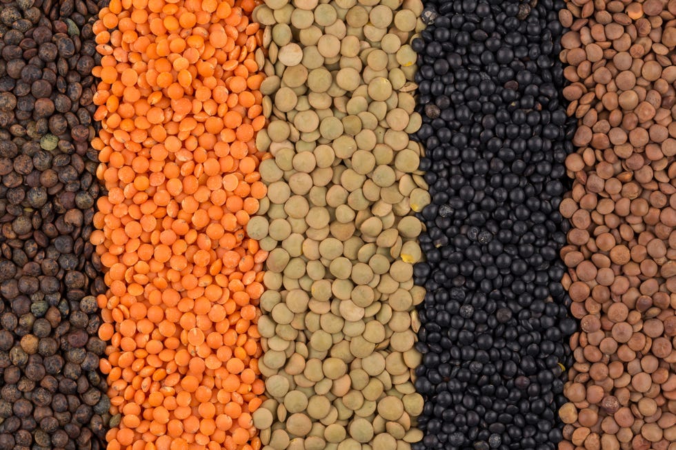 various legumes - red, black, yellow, green, brown lentils