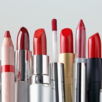 various red lipsticks lined upin a row