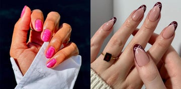 two hands displaying different nail art styles