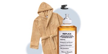 bathrobe and a bottle of maison margiela replica fragrance