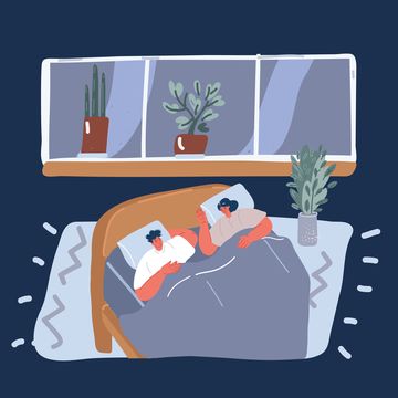 vector cartoon illustration of man and woman sleeping in bed