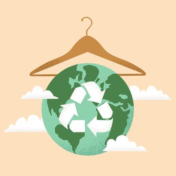 vector illustration of slow fashion concept with earth planet globe, clothes hanger and reuse, reduce, recycle symbol