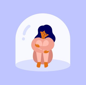 vector illustration of upset woman sitting hugging her knees under real or imagined glass dome