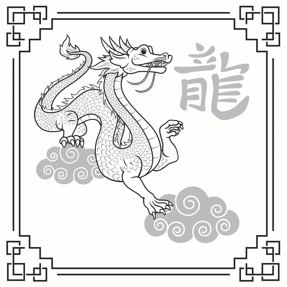 vector illustration year of the dragon, the 12 chinese horoscope animals isolated on white background chinese calendar or chinese zodiac sign concept cartoon characters education and school kids coloring page, printable, activity, worksheet, flashcard