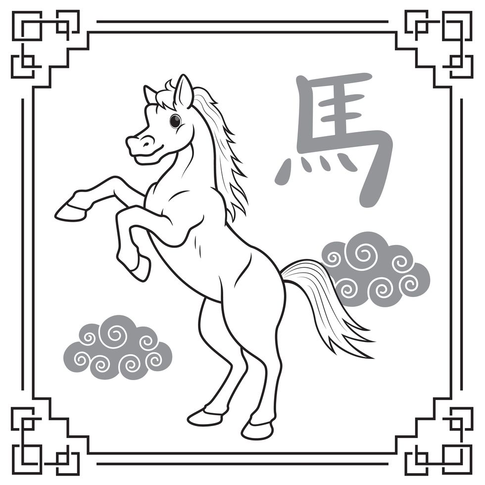 vector illustration year of the horse ,the 12 chinese horoscope animals isolated on white background chinese calendar or chinese zodiac sign concept cartoon characters education and school kids coloring page, printable, activity, worksheet, flashcard