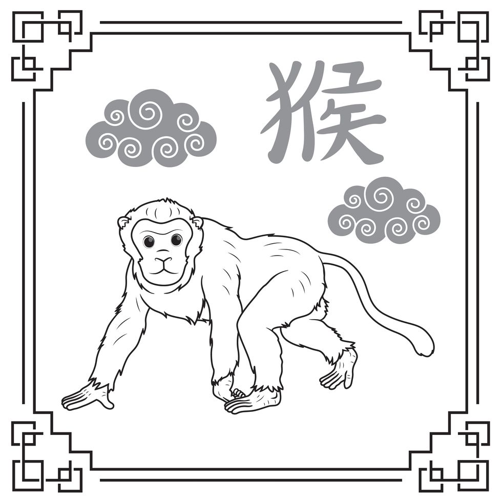 vector illustration year of the monkey, the 12 chinese horoscope animals isolated on white background chinese calendar or chinese zodiac sign concept cartoon characters education and school kids coloring page, printable, activity, worksheet, flashcard