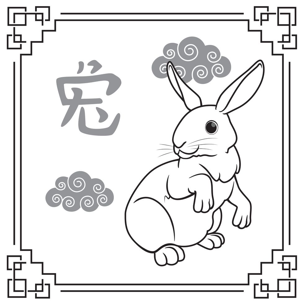 vector illustration year of the rabbit, the 12 chinese horoscope animals isolated on white background chinese calendar or chinese zodiac sign concept cartoon characters education and school kids coloring page, printable, activity, worksheet, flashcard